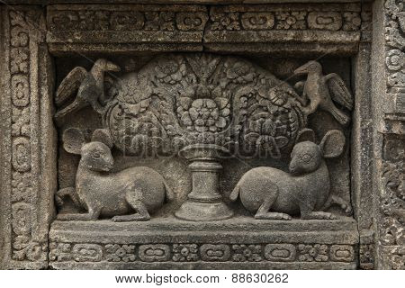 Prambanan Tree of Life. Stone bas relief from the Prambanan Temple near Yogyakarta, Central Java, Indonesia.