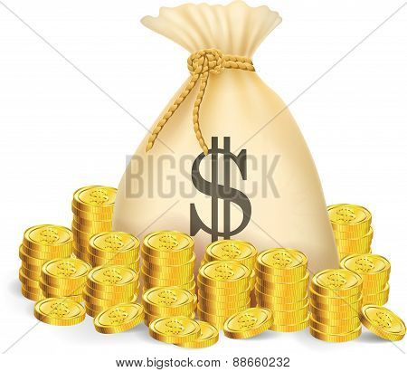 Gold coin with bag of money