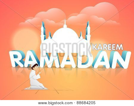 Illustration of a boy offering Namaaz with 3D islamic mosque on cloudy colorful background for holy month of muslim community, Ramadan Kareem celebration.