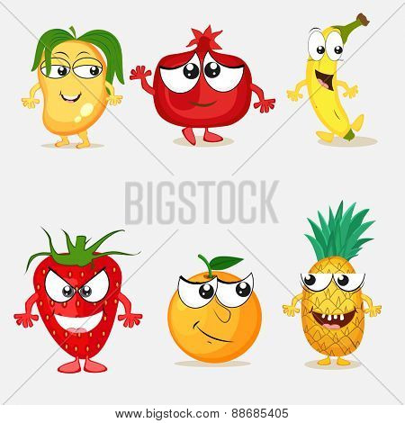 Set of funny fruit cartoon characters like mango, pomegranate, banana, strawberry, orange and pineapple.