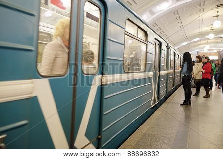 MOSCOW, RUSSIA  -  APRIL 12, 2015: Sokolnicheskaya line - the first line of the Moscow metro. Station of the Moscow metro 