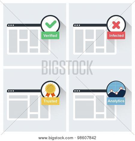 Website trust symbols - trusted verified infected and analytics