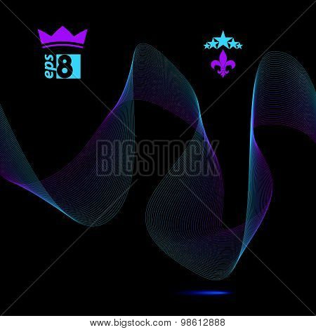 Three-dimensional motif elegant flowing curves, dark background in motion with five stars emblem