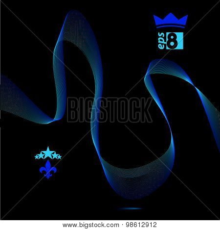 Three-dimensional motif elegant flowing curves, dark background in motion with five stars emblem