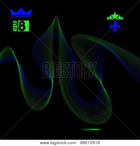 Three-dimensional motif elegant flowing curves, dark background in motion with five stars emblem