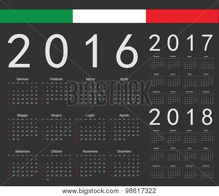 Set Of Black Italian 2016, 2017, 2018 Year Vector Calendars