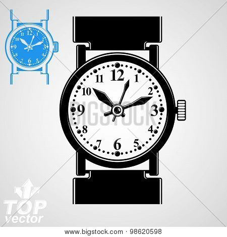 Vector stylized wristwatch illustration, elegant detailed quartz watch with dial and an hour hand.