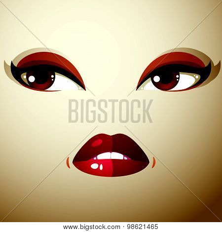 Facial expression of young pretty woman. Coquette lady visage, human eyes and lips.