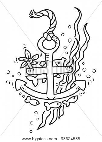 Freehand drawing of sunken anchor. Outline drawing good for coloring books