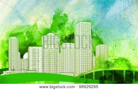 Modern buildings against a green background