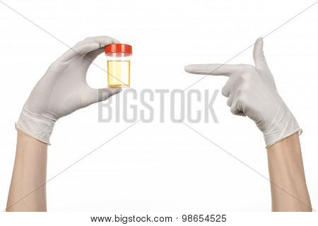 Medical Theme: Doctor's Hand In White Gloves Holding A Transparent Container With The Analysis Of Ur
