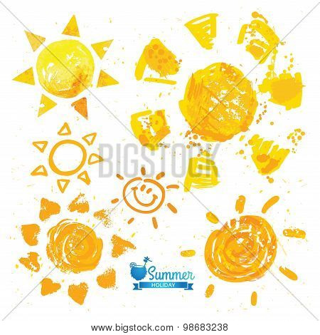 Watercolor sun, rays flat icon closeup silhouette