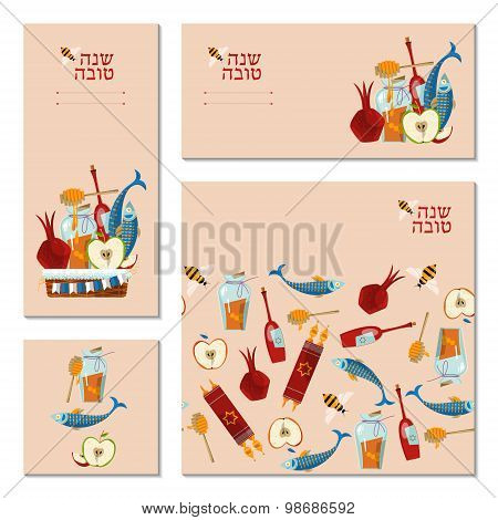 4 Universal Cards Shanah Tovah. Jewish New Year. Template. Seamless Background Pattern.