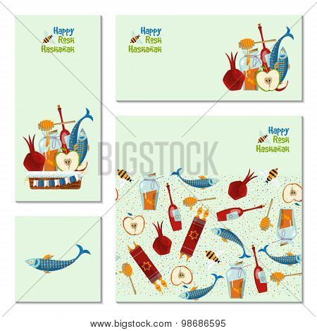 4 Universal Cards Happy Rosh Hashanah. Jewish New Year. Template.