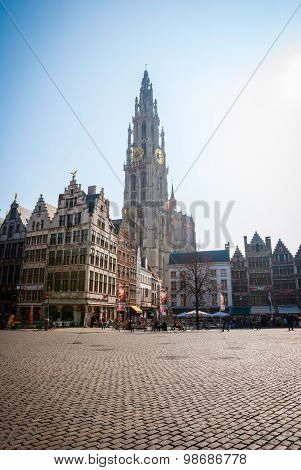 ANTWERP, BELGIUM: MARCH 10: Antwerp old town with cathedral and main square, Belgium. March 2015
