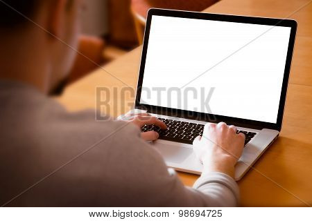 Man using laptop with blank screen - mockup template