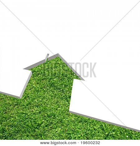 Hochauflösende konzeptionelle grüne Gras Haus hintergrund isoliert auf weiss, ideal für Ökologie, grün