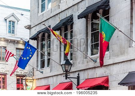 Montreal, Canada - May 27, 2017: Old Town Area Street In Evening Outside Restaurants In Quebec Regio