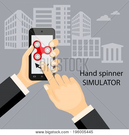 Flat modern design concept of playing with virtual fidget hand spinner. Illustration fidget spinner application on the mobile phone. eps 10.