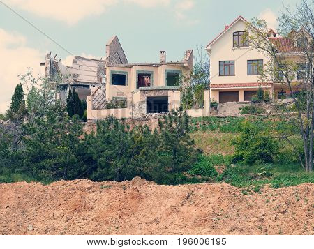 Landslide Caused By Torrential Rains Of Hurricane Christie. Broken Road Asphalt Cracked, And Came Do
