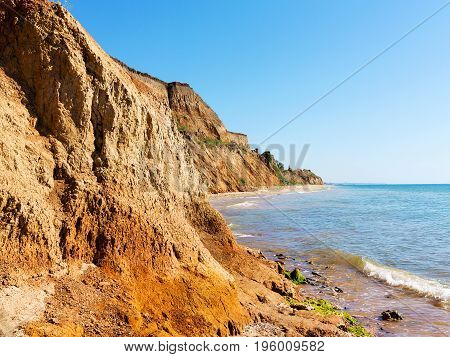 Landslide Zone On Black Sea Coast. Zone Of Natural Disasters During Rainy Season. Large Masses Of Ea
