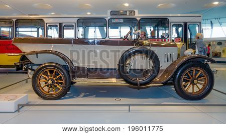 STUTTGART GERMANY- MARCH 19 2016: Vintage car Mercedes-Knight 16/45 PS Tourer 1921. Mercedes-Benz Museum.