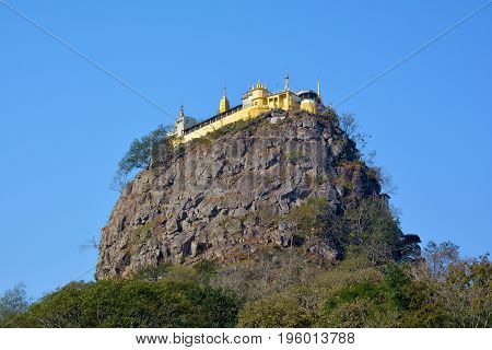 Beautiful View Of The Popa Mountain With Buddhist Complex On The Top Near Bagan, Myanmar