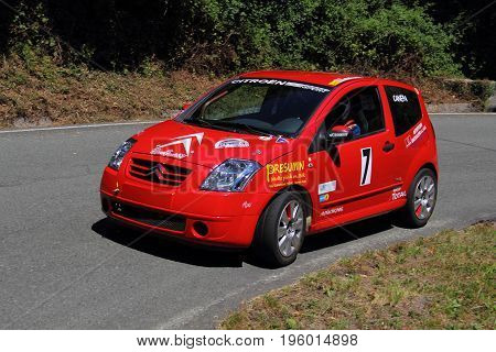 Malvaro Favale Italy - July 16 2017: Uphill Race Race Favale Castello: The Citroen C2 VTS conducted Mattia Canepa in action on the route.