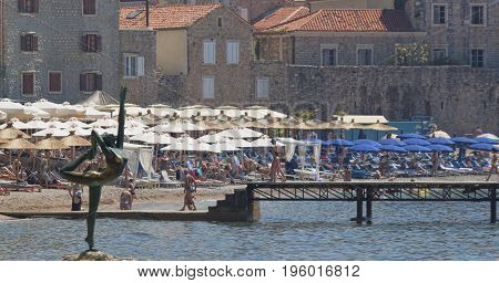 BUDVA MONTENEGRO - JUNE 27 2017: Dancer from Budva - sculpture of Gradimir Alexic - practically a visiting card of the Budva