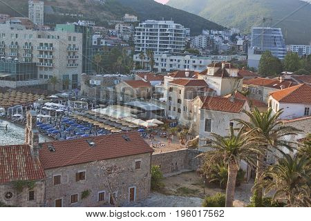 Panoramic view of the old and new parts of Budva. Summer 2017