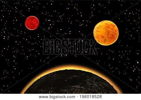Exoplanets or extrasolar planets.  illustration. Universe filled with stars.