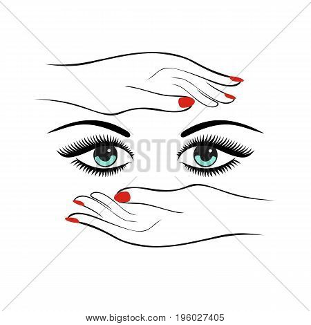 Fashion or health care concept. Female hands with red manicure protect women green eyes with long lashes. Vector illustration.