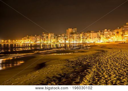 MONTEVIDEO, URUGUAY - SEPTEMBER 9: View on the beach at night on September 9, 2015 in Montevideo, Uruguay.