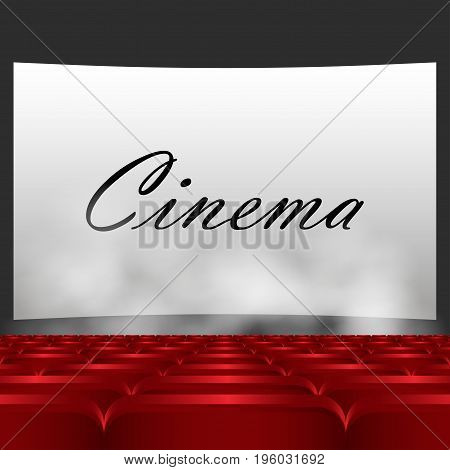 Rows of red cinema or theater seats in front of white blank screen. Red chairs or chairs in the cinema. In the text of a movie screen below the smoke comes vector illustration