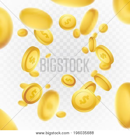 Realistic Casino golden coins explosion background. Isolated fortune rain on transparent layout. Jackpot lottery glory concept. Vector illustration