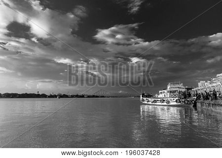 July 15,2017. Babughat, Kolkata,West Bengal,India.  a monochrome view from babughat at the time of Sunset.