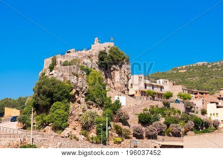 The Mountain Town Of Pratdip In Spain. Copy Space For Text. Isolated On Blue Background.