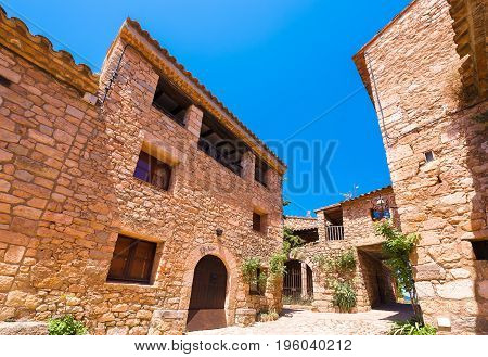 View Of The Buildings In The Village Siurana De Prades, Tarragona, Catalunya, Spain. Copy Space For