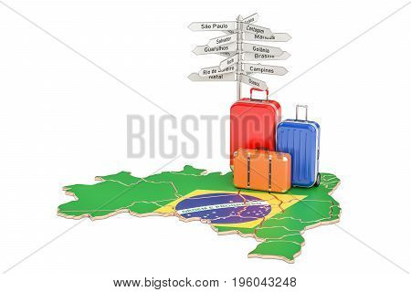 Brazil travel concept. Suitcases with signpost on Brazilian map 3D rendering