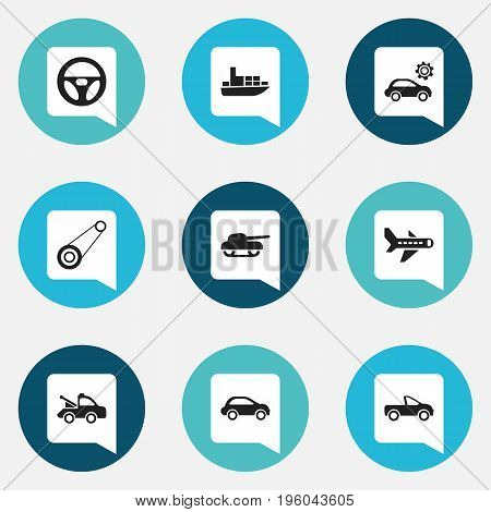 Set Of 9 Editable Shipment Icons. Includes Symbols Such As Garage, Spyglass, Drophead Coupe And More