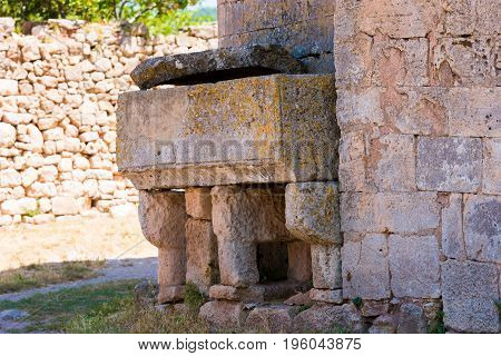 Ancient Bench Near The Church In The Village Siurana De Prades, Tarragona, Catalunya, Spain. Close-u