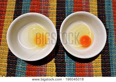Scramble egg on left is store purchase and right is from a farm range chicken