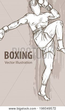 Hand sketch of a boxing man. Vector sport illustration. Graphic silhouette of the athlete on background design.