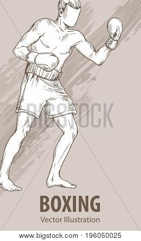 Hand sketch of a boxing man. Vector sport illustration. Graphic silhouette of the athlete on background design.