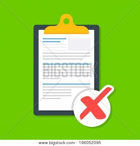 Business document on a clipboard with a cross. The icon of the rejected document. The document is not loaded successfully. Premium quality vector illustration in flat style isolated on red background