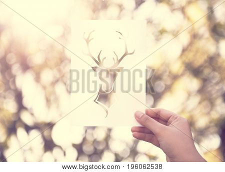 Hand Hold Deer with Antlers Paper Carving with Nature Background