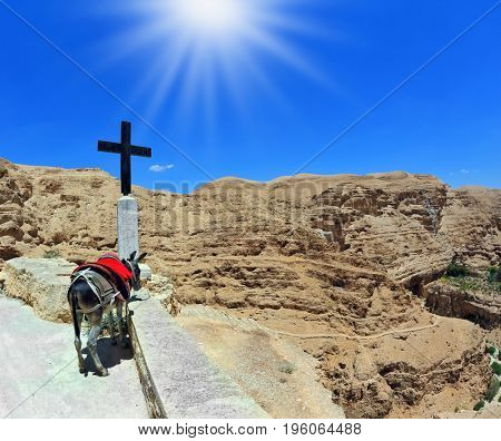 At the roadside donkey tied to a red horse-cloth. A large black cross indicates the way to the temple. Wadi Kelt, the road to the monastery of St. George. Israel