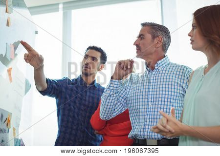 Serious business people discussing over whiteboard at office
