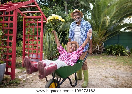 Man carrying woman in wheelbarrow while gardening at yard