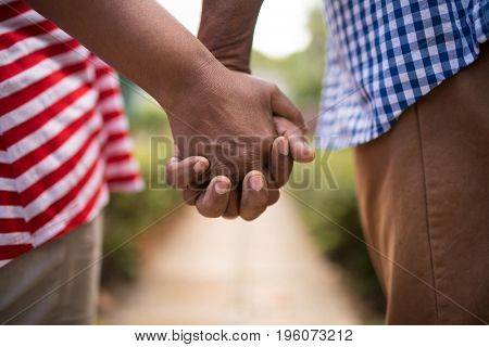 Cropped image of senior couple holding hands while standing in yard